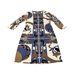 J. McLaughlin Women Sophia Geometric Blue White Tan Catalina Cloth Shift Dress M